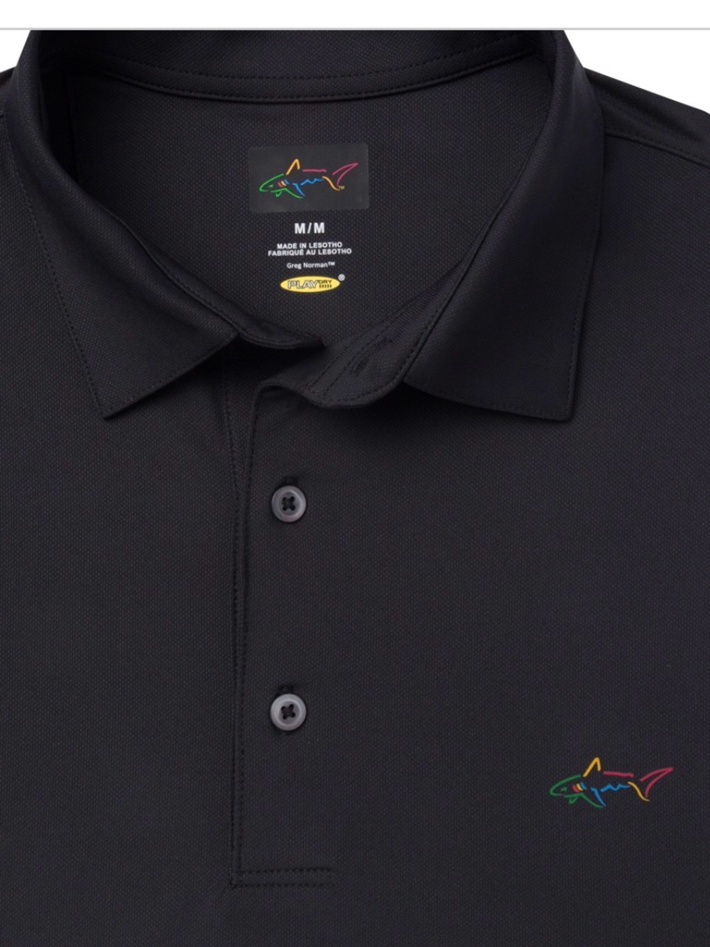 Attack Life by Greg Norman Black Polo with Rainbow Shark Embroidery